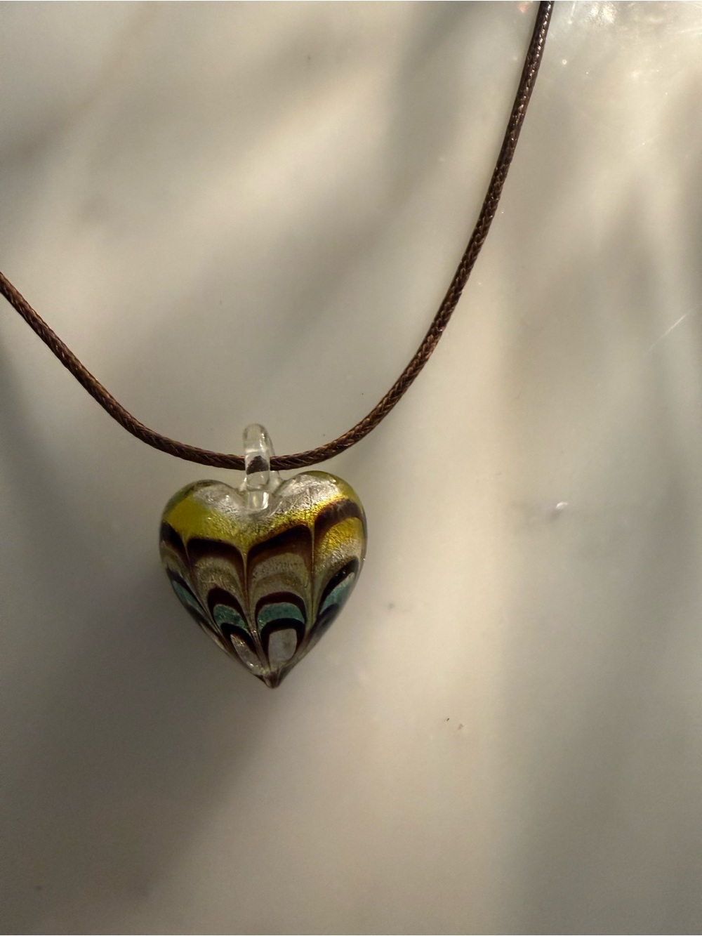 Hand-Blown Glass Heart Pendant Necklace in Yellow and Teal